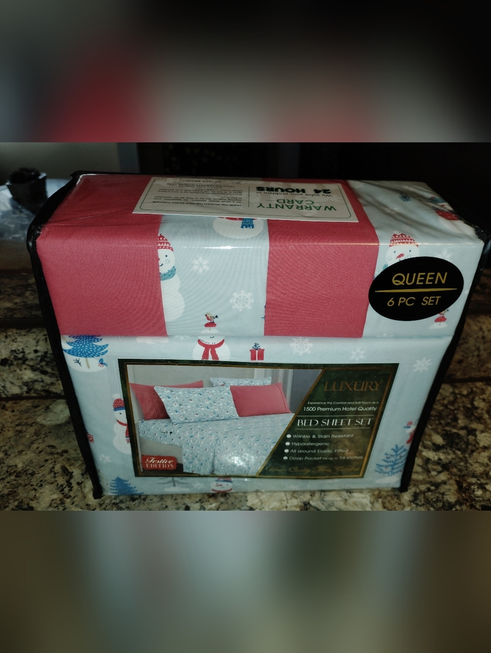 Queen 6-Piece Holiday Snowman Bed Sheet Set - Red, Light Blue, White